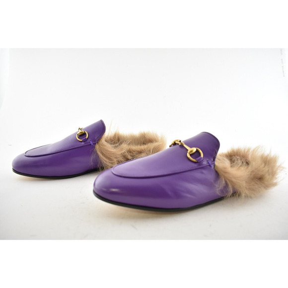 Gucci Princetown Purple Leather Beige Nude Fur Loafer Slide Mule Slipper Flat 36 - Picture 10 of 12